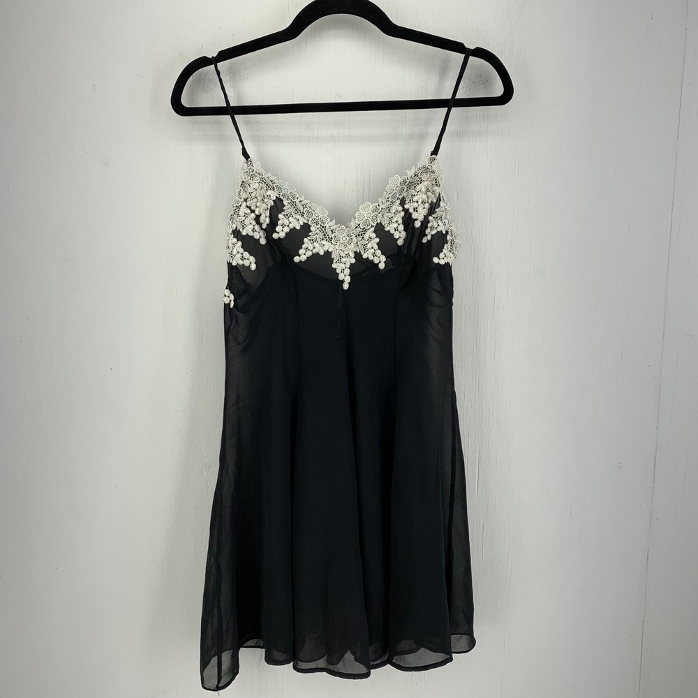 Vintage Style Black Sheer Chiffon Lace Slip Dress Coquette Balletcore Goth Small